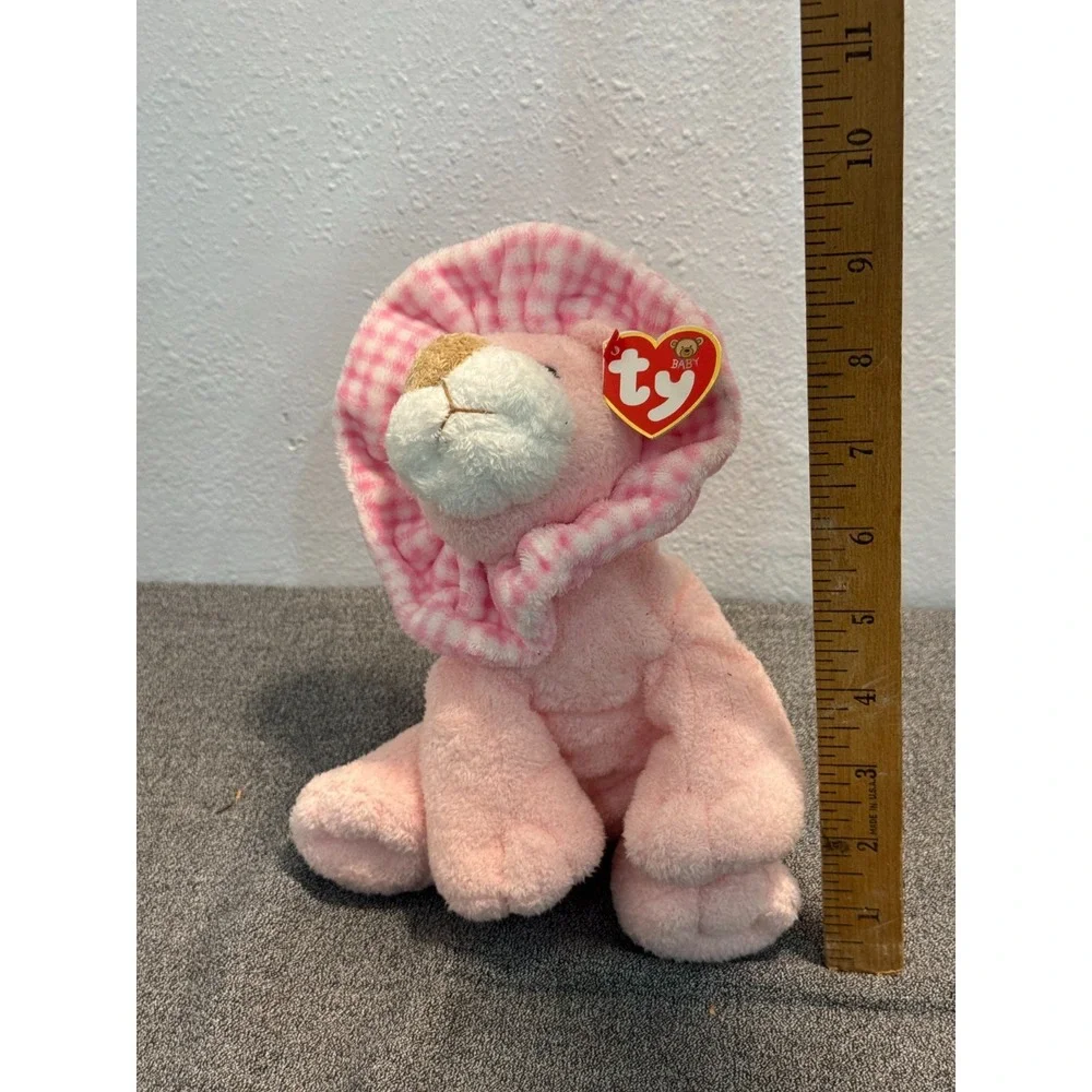 Baby Ty Gwowls the Lion Pink Bonnet Gingham Check Mane Stuffed Animal Plush Toy